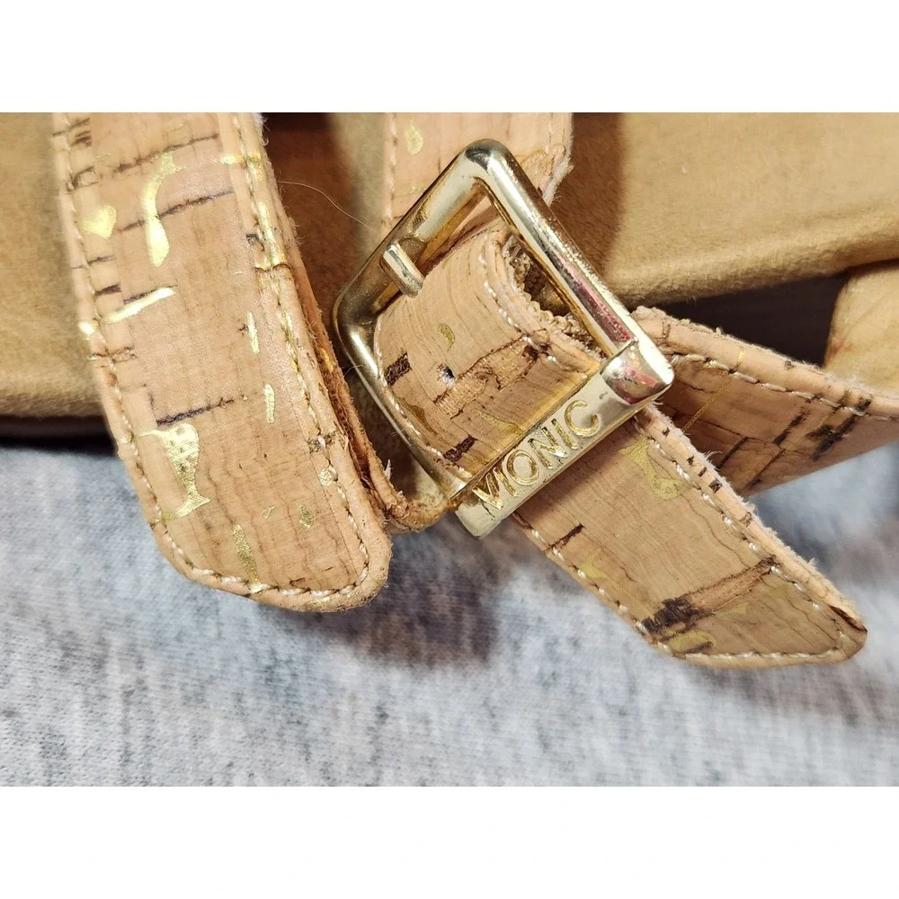 Vionic Wedge Sandals Womens 5 Tan Cork Metallic Gold Studded Strappy Slide